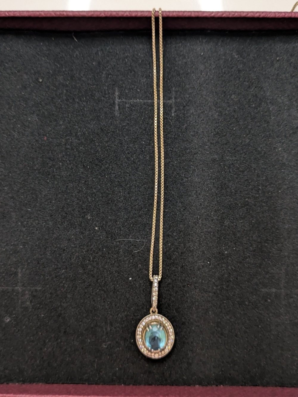 La'celet Jewelry Gallery Gold Plated Necklace with Blue Gemstone Halo Pendant